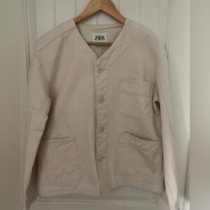 Zara Women's Cream Oversized Collarless Denim Jacket Size Small streetwear